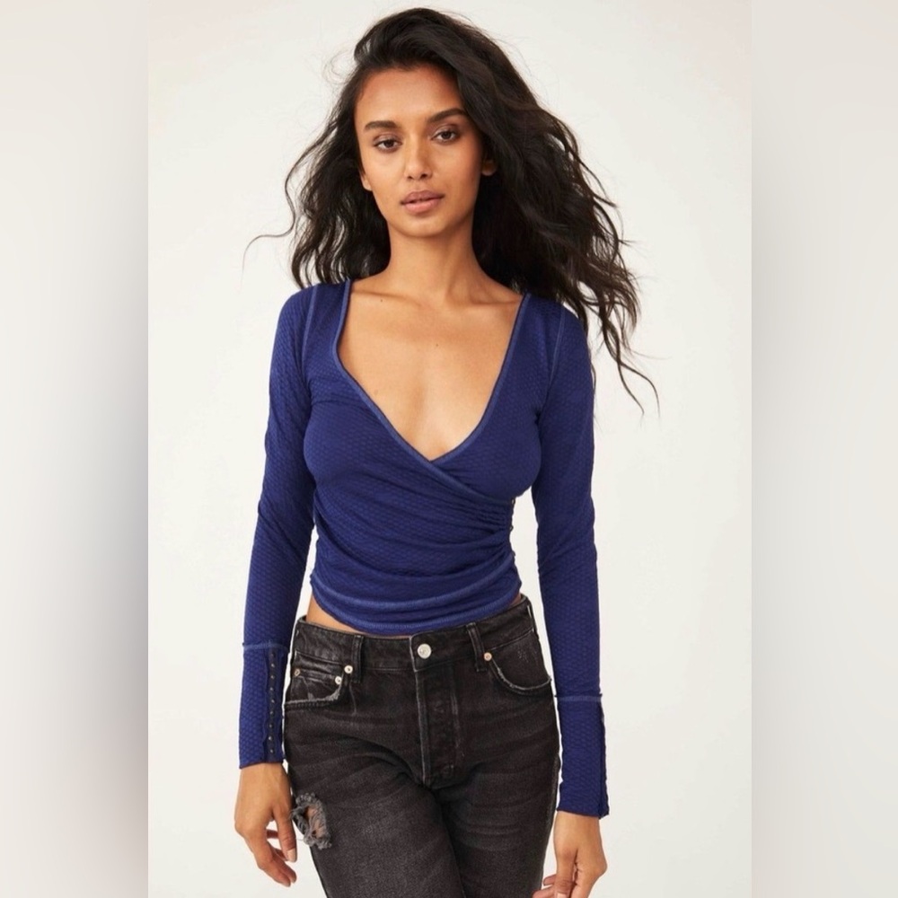 Free People Navy Textured Wrap Blouse with Snap Cuffs